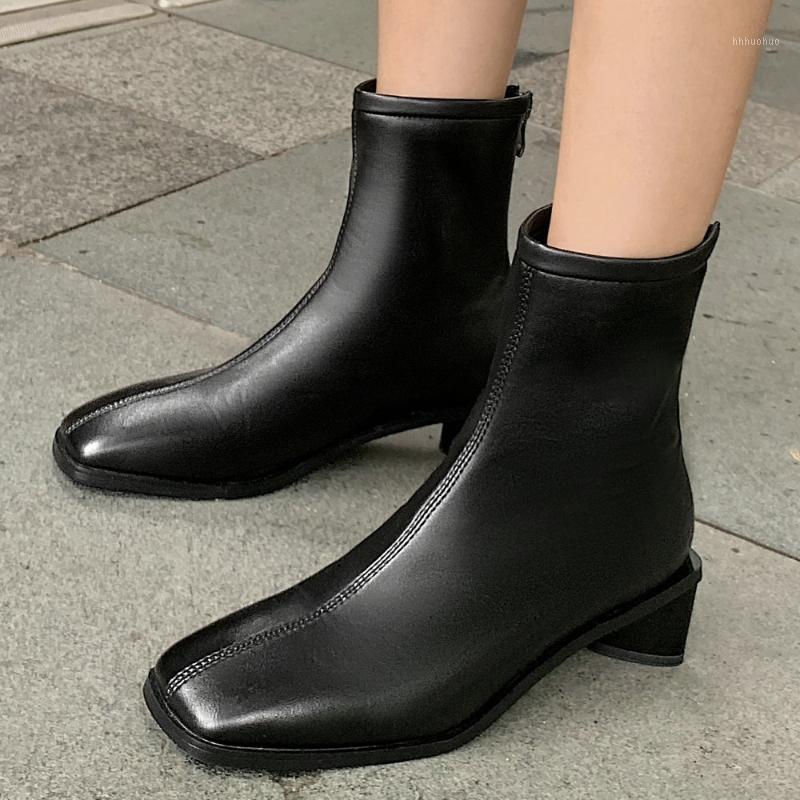 

Women Square Head Mid Heels Ankle Boots Zip Spring Fall Fashion Sewing Daily Black Brown White Booties 20201
