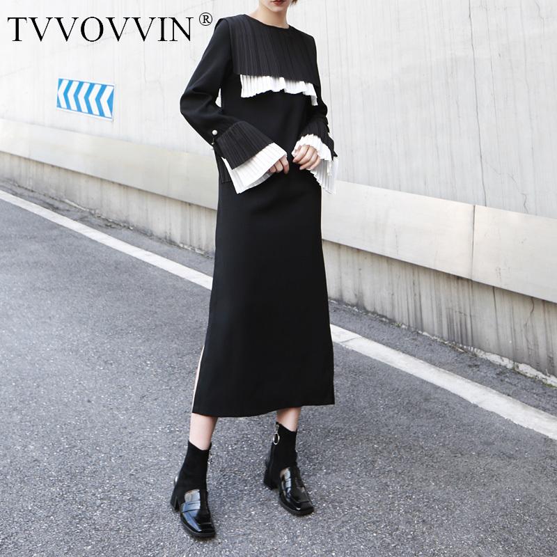 

TVVOVVIN Flare Women Dress Sleeve Ruffles Vintage Autumn Dresses Women Black White Color Matching Long Pleated Dresses CAWZ, Balck