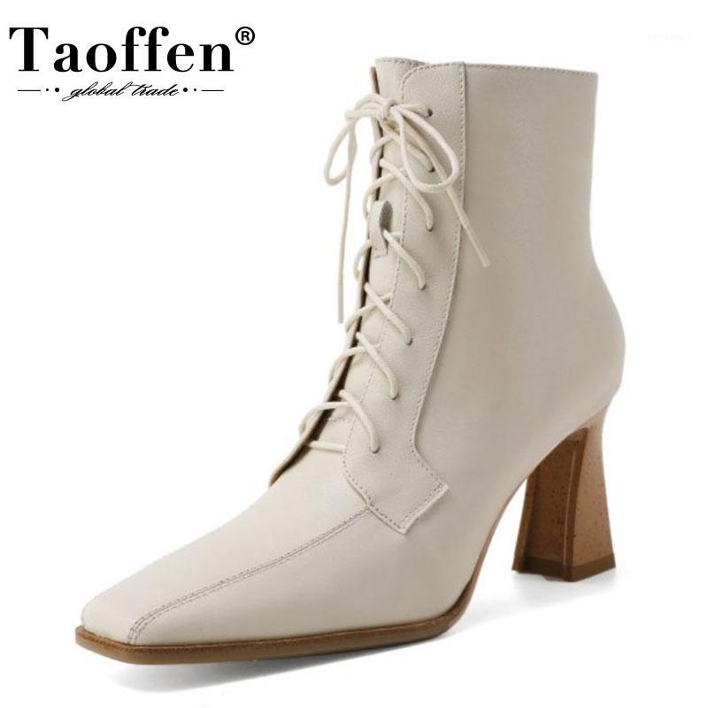 

Taoffen Real Leather Women Ankle Boots High Heel Cross Strap Zipper Shoes Square Toe Winter Boots Fashion Footwear Size 33-401, Black