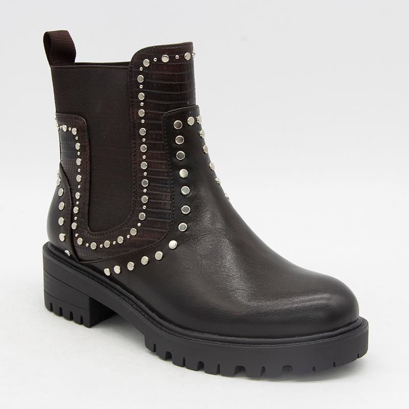 

Women boots stud decormative fashion motorcyle boots flat patchwork design lady shoes, Black