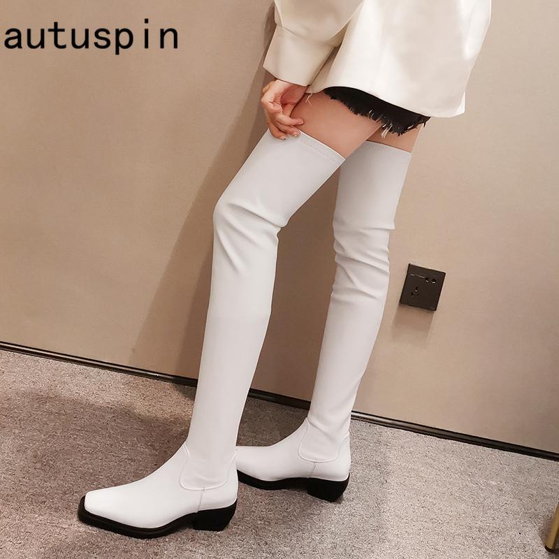 

Autuspin Fashion Women Cow Leather Boots Winter Warm Shoes 2020 Female Basic Thigh Long Botas Party Wedding Thick Heels Woman, Black