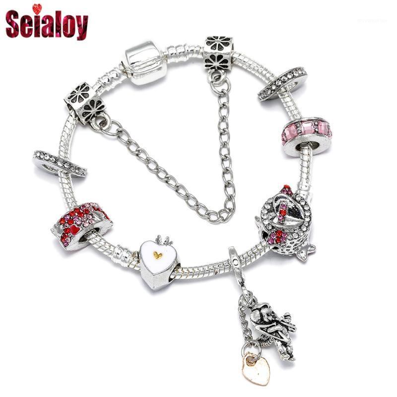 

Seialoy Fashion Pink Crystal Heart-shaped Arrow Beaded Shiny Cupid Charm Bracelets For Women Girl Original Silver Color Bracelet1