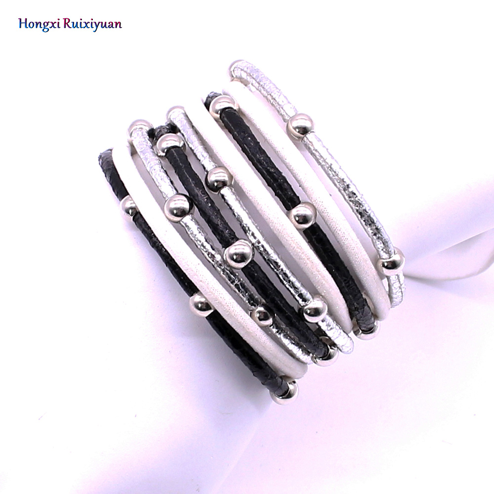 

multilayer women's leather bracelets unique mixed leather beads rope magnetic bracelet handmade bohemian bangle jewelry
