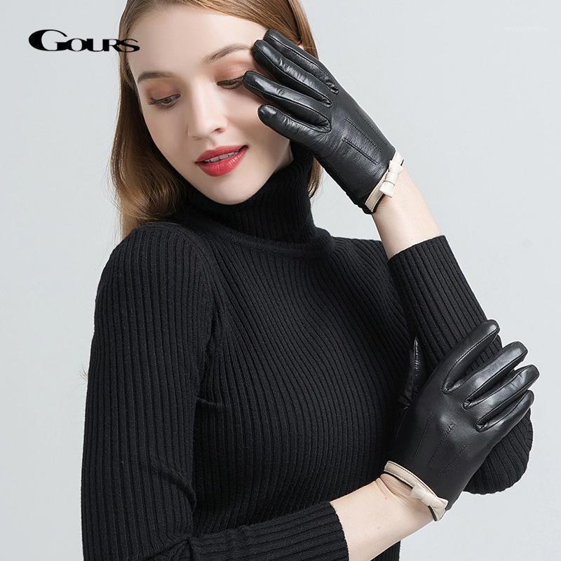 

GOURS Genuine Leather Gloves Women Fashion Brand Black Real Goatskin Finger Gloves wool lining Warm Winter Bow-knot New GSL0491