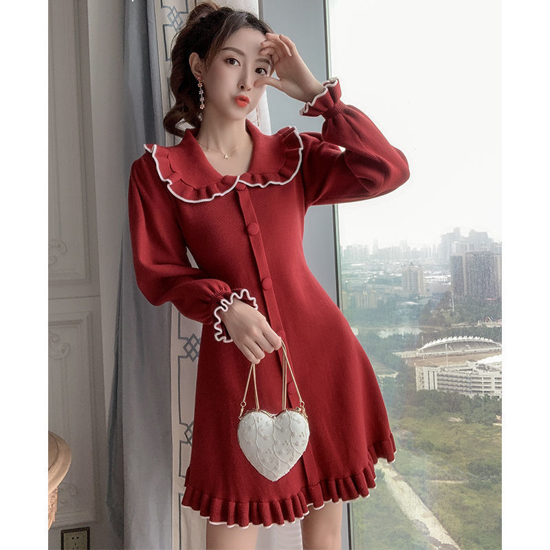 

autumn 2021 New winter short-changed nightgown a short-dressed line feminine long-sleeve red/black female dress y252 TD52, Unkhongseunk
