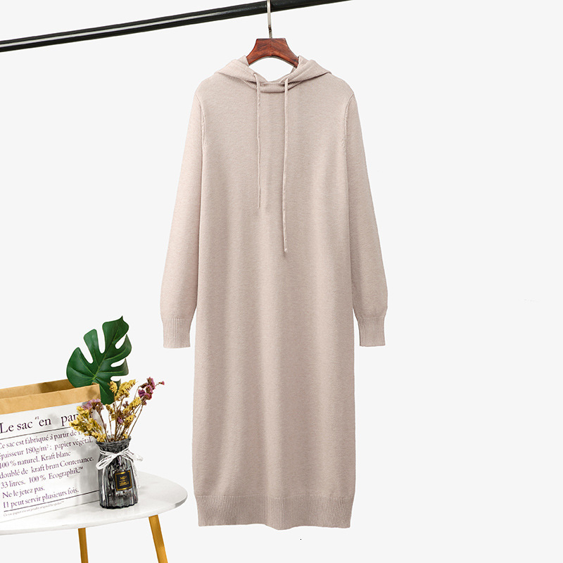 

2021 New Oversize Autumn Winter Basic Hooded Long Sweater Women Loose Thick Maix Female Robe Chic Knit Straight Dress Crmv, Khaki