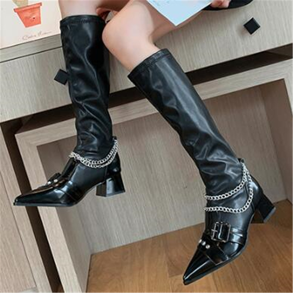 

New Fall 2021 Chunky Shoes Woman Knee High Fashion Female Pointed to the Chain Decorat Boots X4OI, Ankle boots.