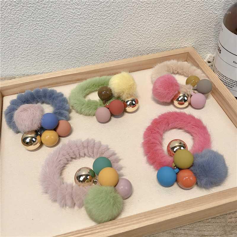 

Cute Plush Ball Bell Hair Rope Women Sweet Hair Ring Girls Color Wool Ponytail Rubber Band Accessories1, Green