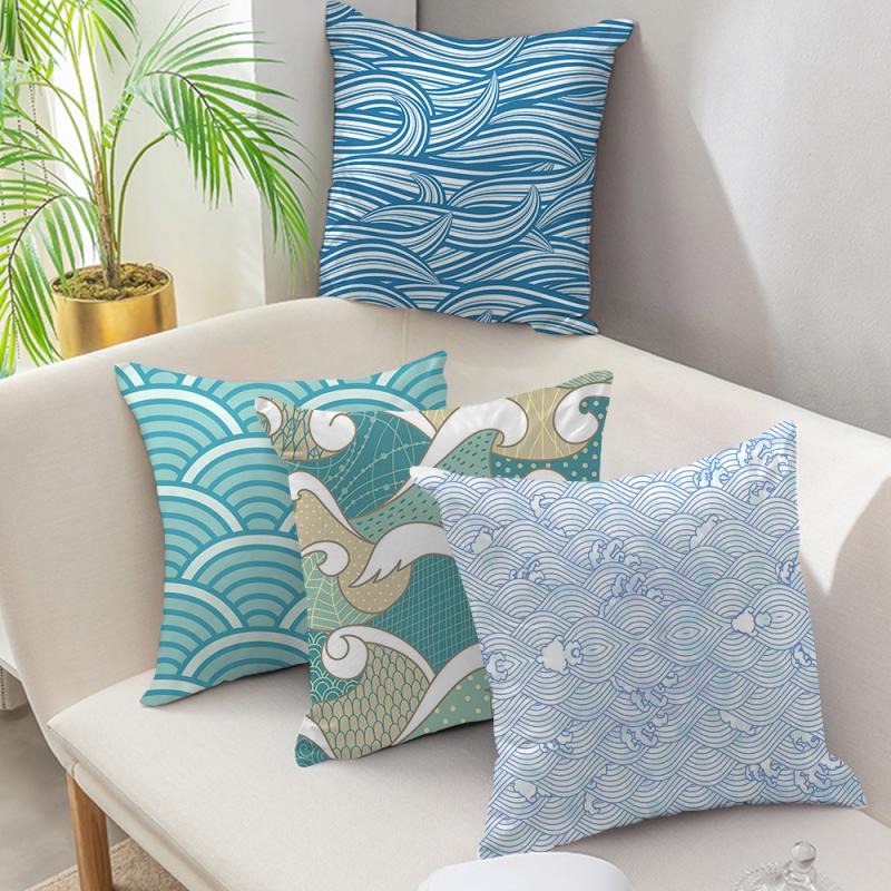 

Blue Geometric Print Decorative Cushion Pillowcase Polyester Cushion Cover Wave PatternThrow Pillow Sofa Decoration Pillowcover
