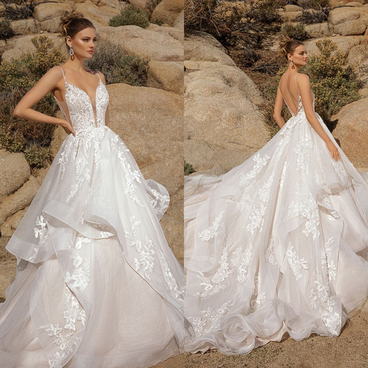 

Fashion Wedding Dresses Spaghetti Straps Lace Appliques Bridal Gowns Custom Made Backless Sweep Train Modern A-Line Wedding Dress, Silver