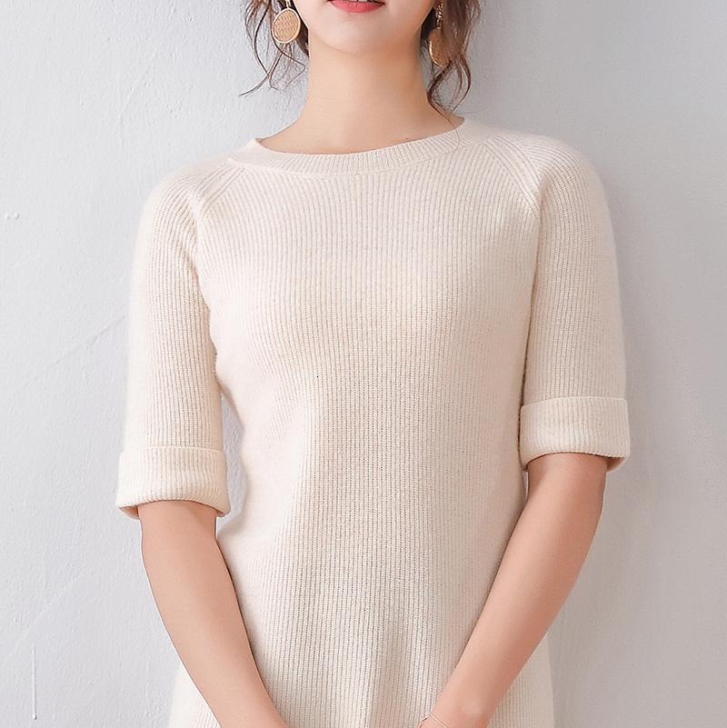 

2021 100% Merino Wool Knitting Jumpers for Woman Spring New Fashion Shot Sleeve Sweaters Female O-neck High Quality Pullovers Eobr, Blue
