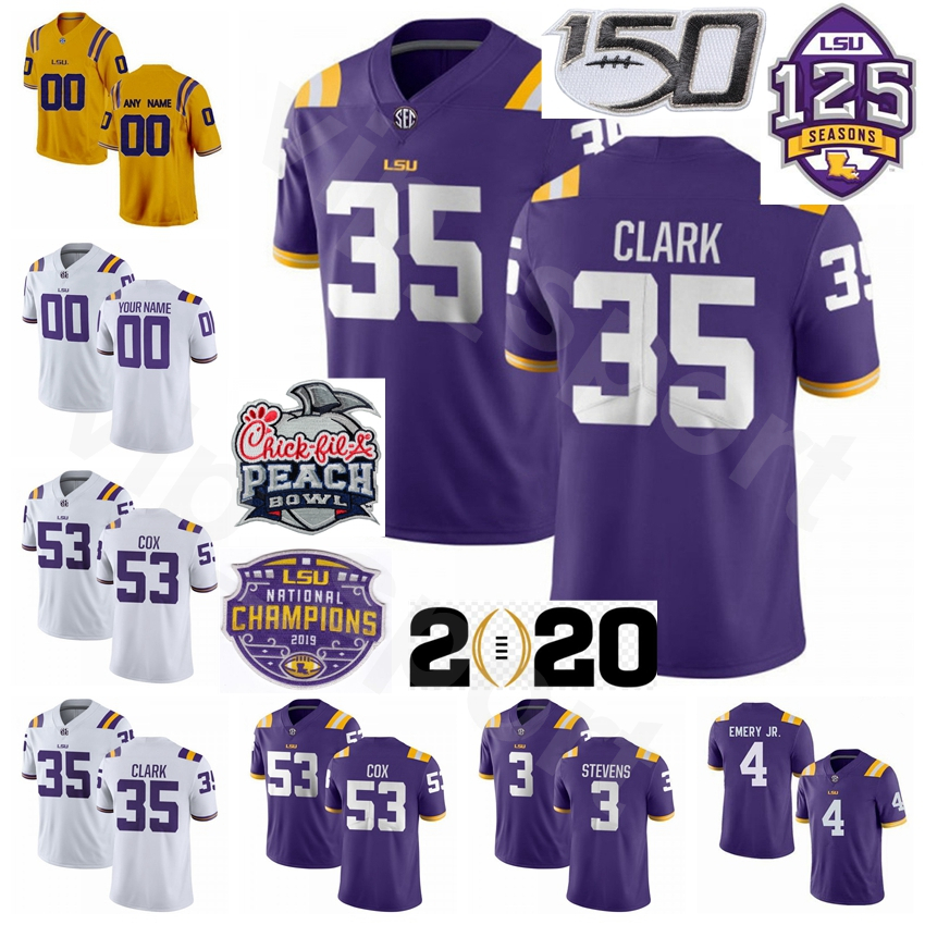 

NCAA LSU Tigers Football College 35 Damone Clark Jersey Stitched 25 Cordale Flott 53 Jabril Cox 4 John Emery Jr 3 JaCoby Stevens, With champions patch