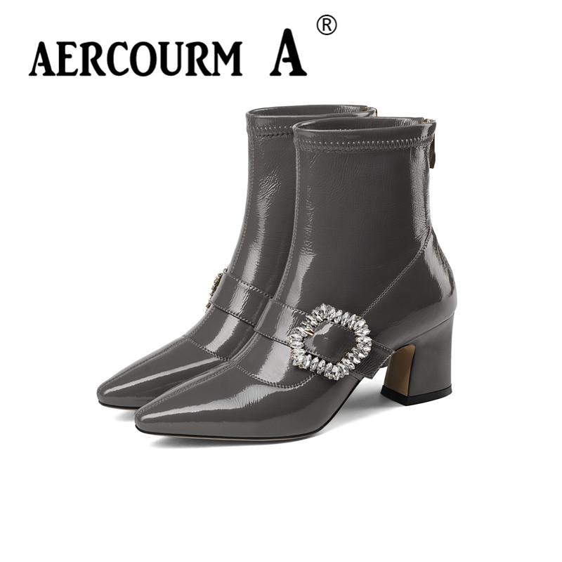 

Aercourm A Women Mid-calf Boots Winter Black Shoes Wool Short Plush Boots High Quality Patent Leather Rhinestone Shining