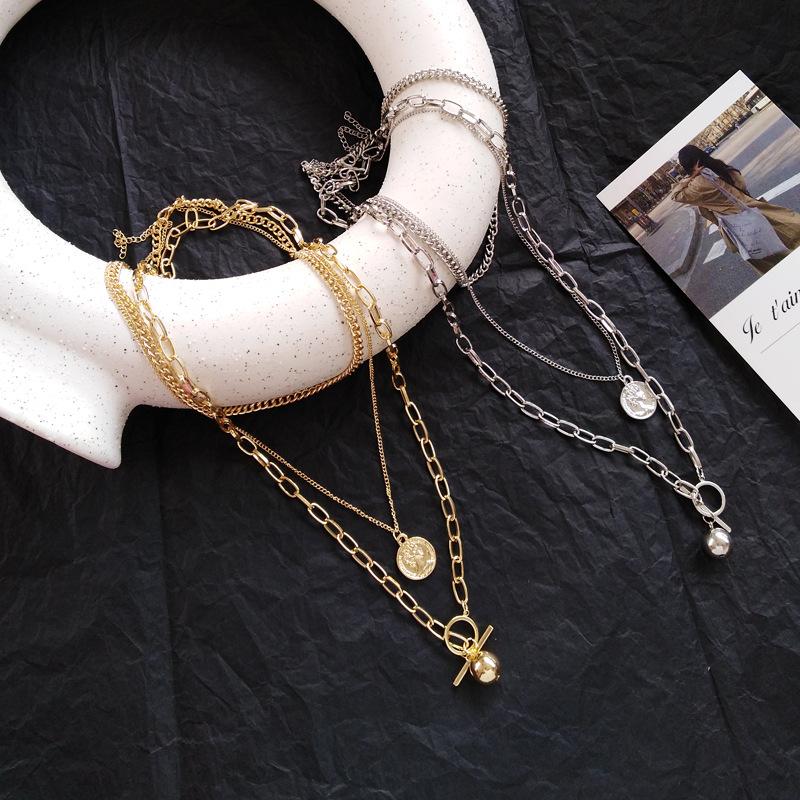 

Fashion celebrity European and American hip-hop coinnecklace multi-layer long necklace coin ball pendant necklace