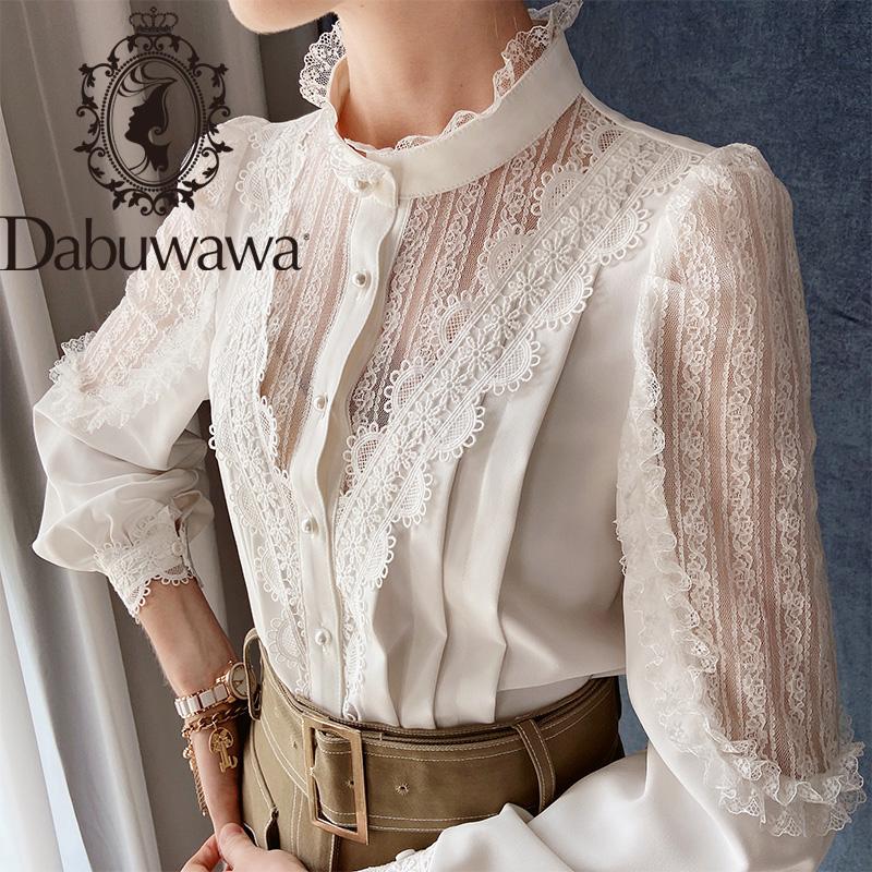 

Dabuwawa Sweet Appliques Blouse Women Lantern Sleeve Button Front Stand Collar Mesh Patchwork Shirts Office Lady DT1CST033, White