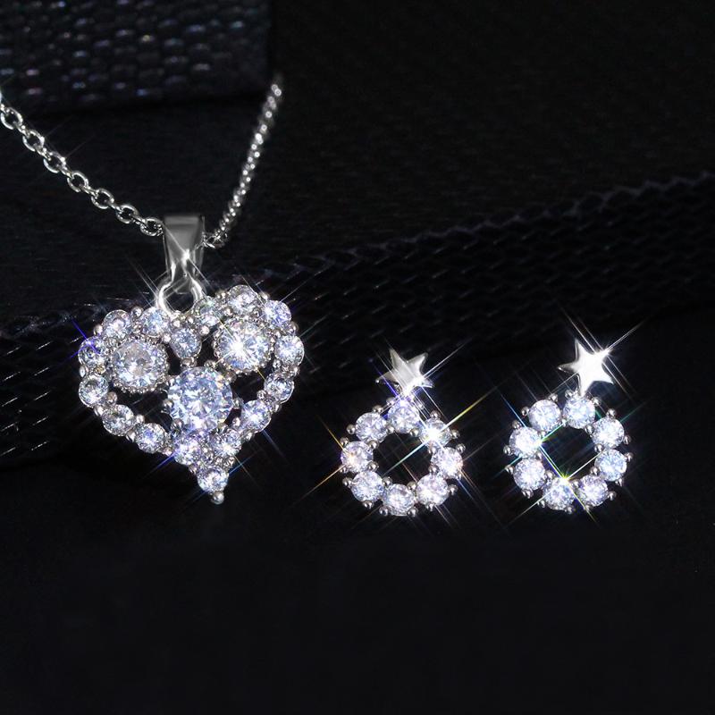 

Earrings & Necklace Silver Color Heart Pendant Long Chain Choker With Bling Zircon Stone Stud For Women Fashion Jewelry Set 2021