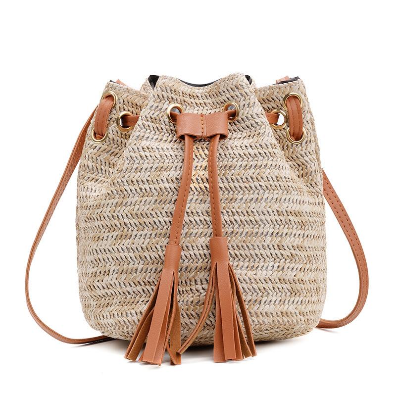 

Drawstring Women's Straw Bucket Bag Summer Shoulder Bags Shopping Purse Beach Handbag Straw Handbags Travel Bag, Khaki