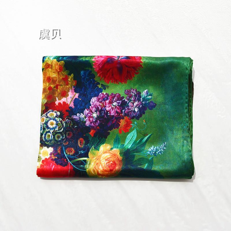 

China natural silk printed long thin green scarf for women with flower picture 100% real silk wrap shawl bandana gift for lady1