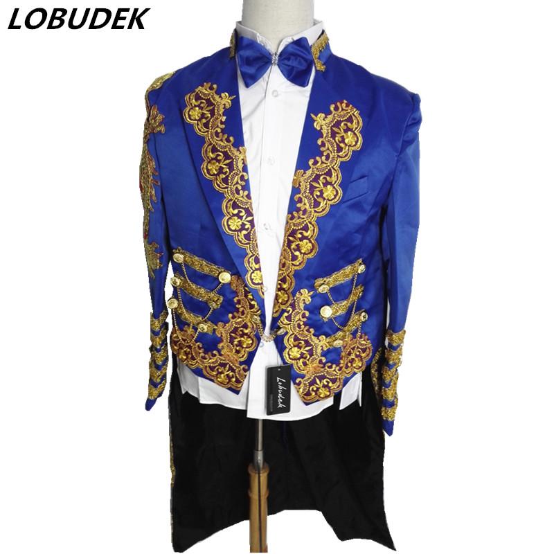 

Male Magician's court Tuxedo clothing Prom Host Tailcoat Men wedding Singer stage Costumes Fashion Blue slim Tails suit jackets, As pic