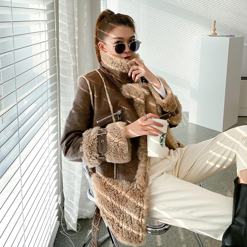 

Fashion Motorcycle Female Jacket Autumn Winter Real Wool Fur Coat Women' Clothing Warm Women' Coats Ropa De Mujer Zjt1657, Brown