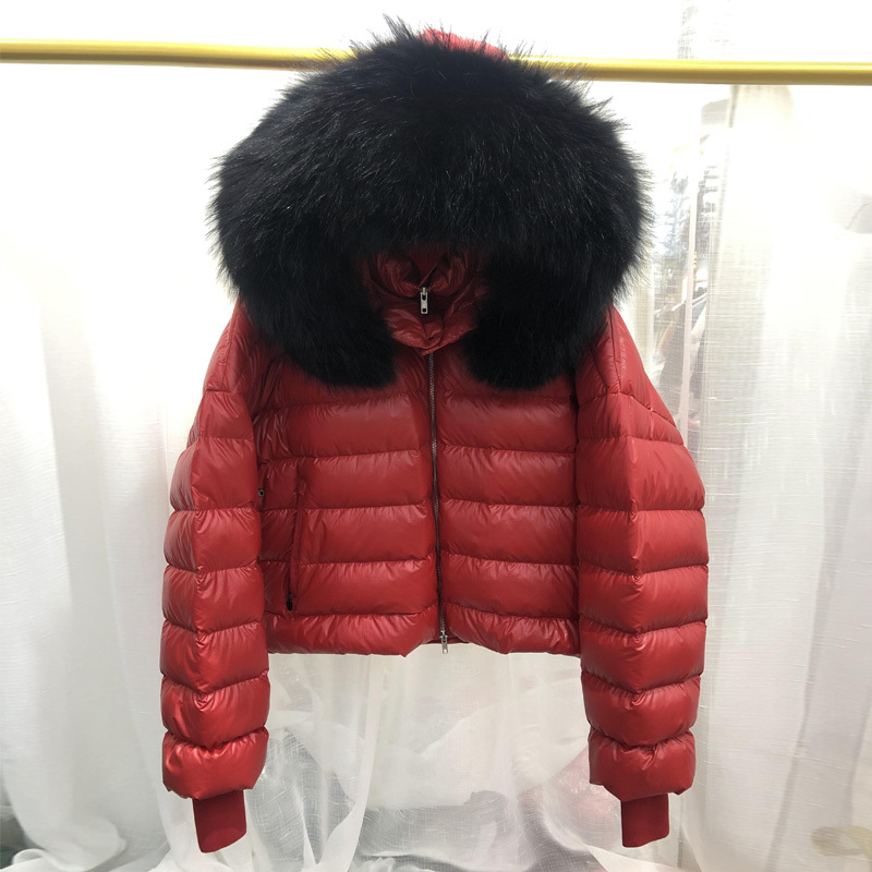 

2021 New Inverno Jaqueta Feminina Grande Real Pele De Guaxinim Capuz 90% Pato Branco Para Casacos Engrossar Quente Parkas OGBK, No fur collar