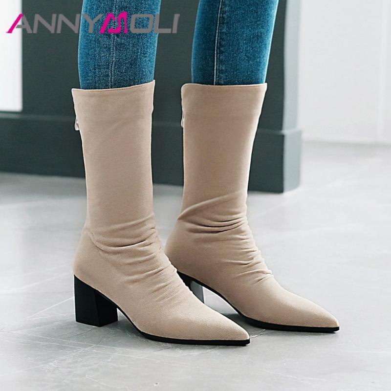 

ANNYMOLI Winter Boots Mid Calf Boots Pleated Women Zipper Pointed Toe Thick High Heel Fashion Western Beige Gray Black1