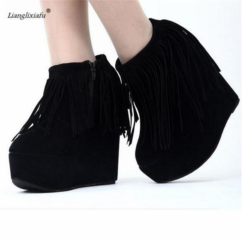 

LLXF Winter Ankle Boots 15cm High-Heeled Wedges platform shoes Fringe warm snow boot women wedding pumps Bottines size:34-42 43, Black