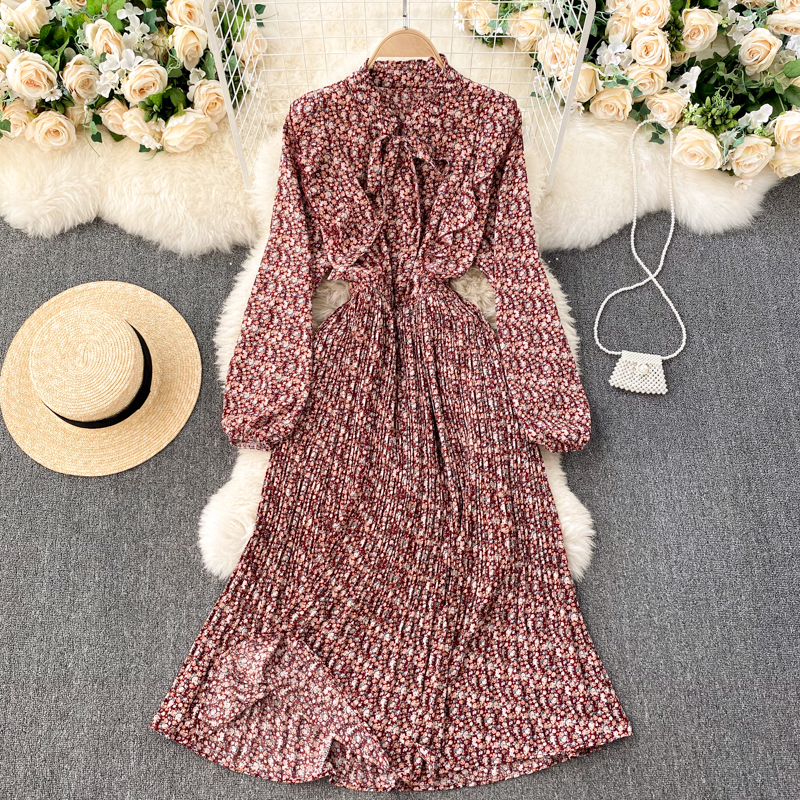

2021 New Singiny female vintage print spring fall cord neck the line puff dress RWVE, Pink