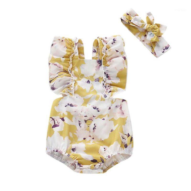 

Summer Newborn Girls Clothes Baby Rompers with Headband Set Flare Sleeve Floral Print Jumpsuit1