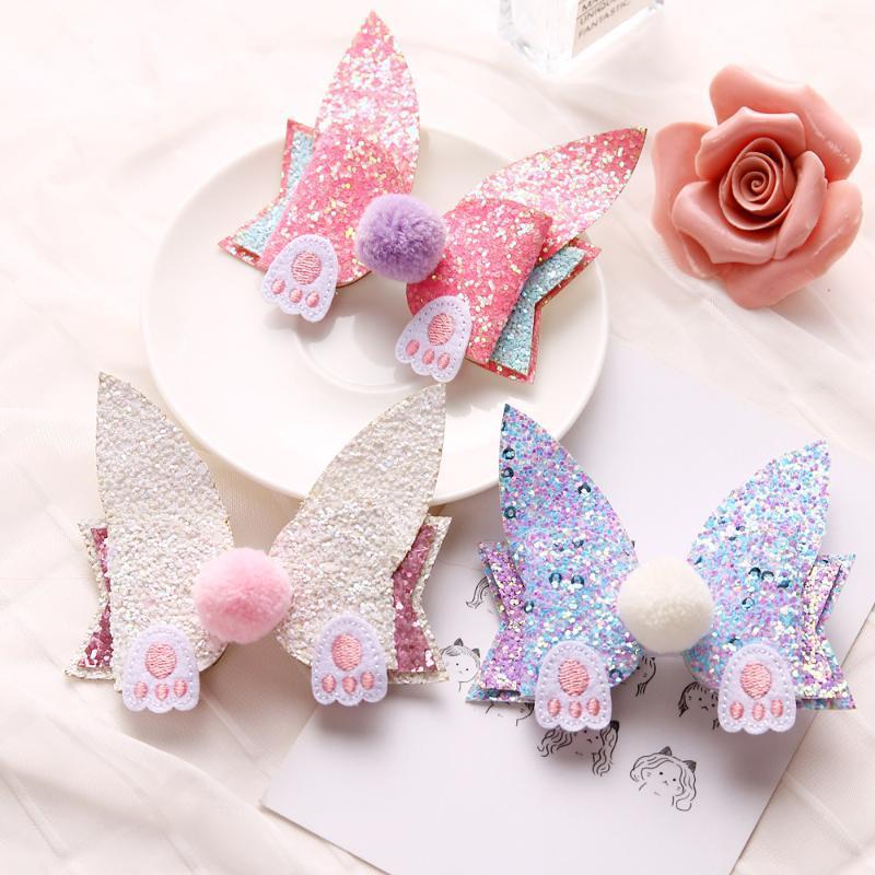 

Hair Accessories Boutique Ins 15pcs Fashion Cute Glitter Ears Bowknot Hairpins Pom Animal Bow Clips Easter Princess Headwear1, White