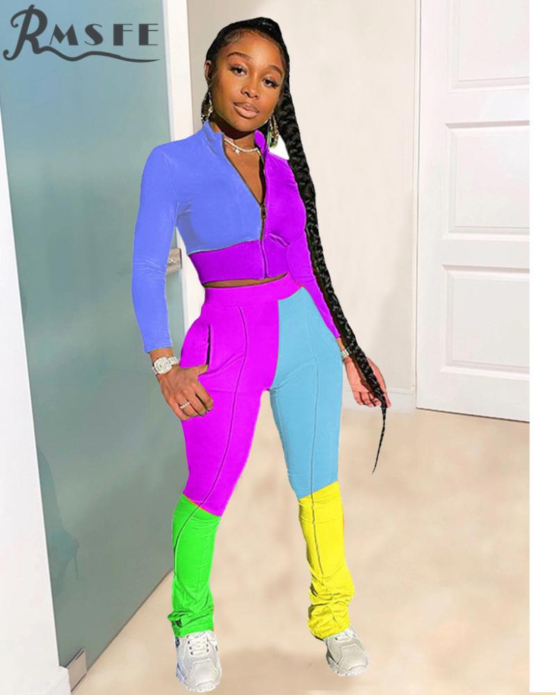 

RMSFE 2020 Street Style O-neck Patchwork Set Gym Clothing Elastic Waist 2 Piece Set Women Full Sleeve Top Full Pant Sets, Multi