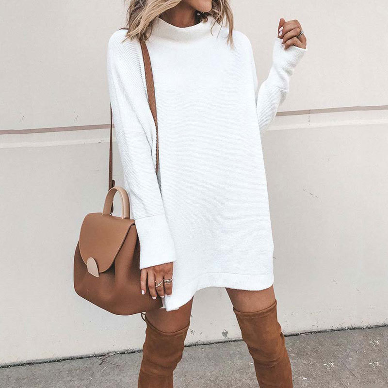 

2020 Autumn Knitted Dress Women High Neck Winter Sweater Dress Female Long Sleeve Loose Pullover Knitting Dress Ladies, Blue