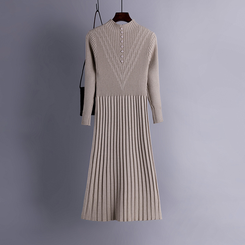 

2021 New Chic Long Knit Maxi Women Sweater Thick Warm Winter Pleated Female Rib Turtleneck a Line Dress Office Lady Z15q, Khaki