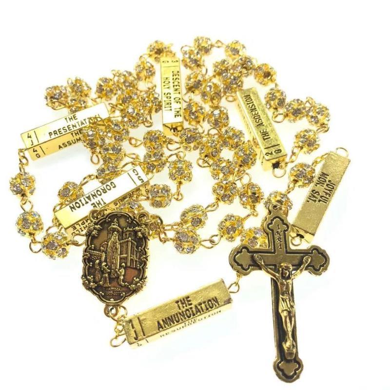 

blingbling 8mm golden color crystal rhinestone beads five mysteries rosary religious catholic rosario