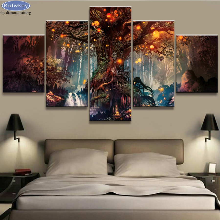

5 Panel Diy full drill square/round Diamond painting Magic tree scenery diamond Embroidery sale Cross-Stitch Wall Sticker Decor 201128
