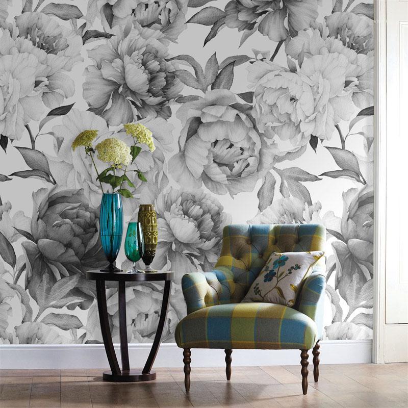 

Wholesale-Grey black and white floral custom 3D wall paper mural on the wall wholesale for office living room meeting room1, Light grey