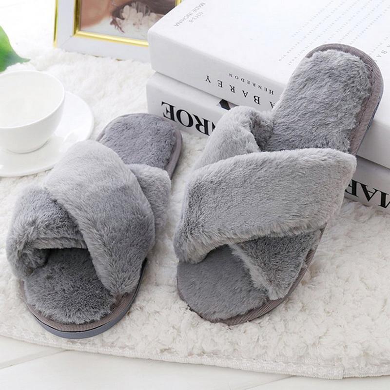 

Women Fluffy Winter Slippers Cross Plush Open Toe Sandal Soft Flat Shoes Warm Faux Fur Slipper Home Female Comfort Shoes1, Black