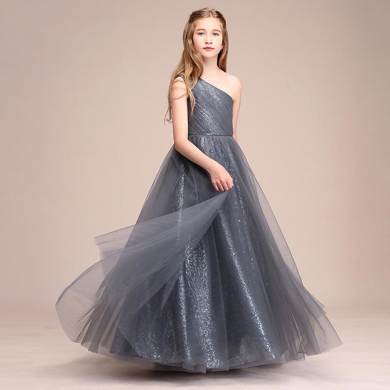 

New One-shoulder Model Children Dress Long Girl Catwalk Dress Piano Performance Flower Girl Ball Gown for Girls, Gray