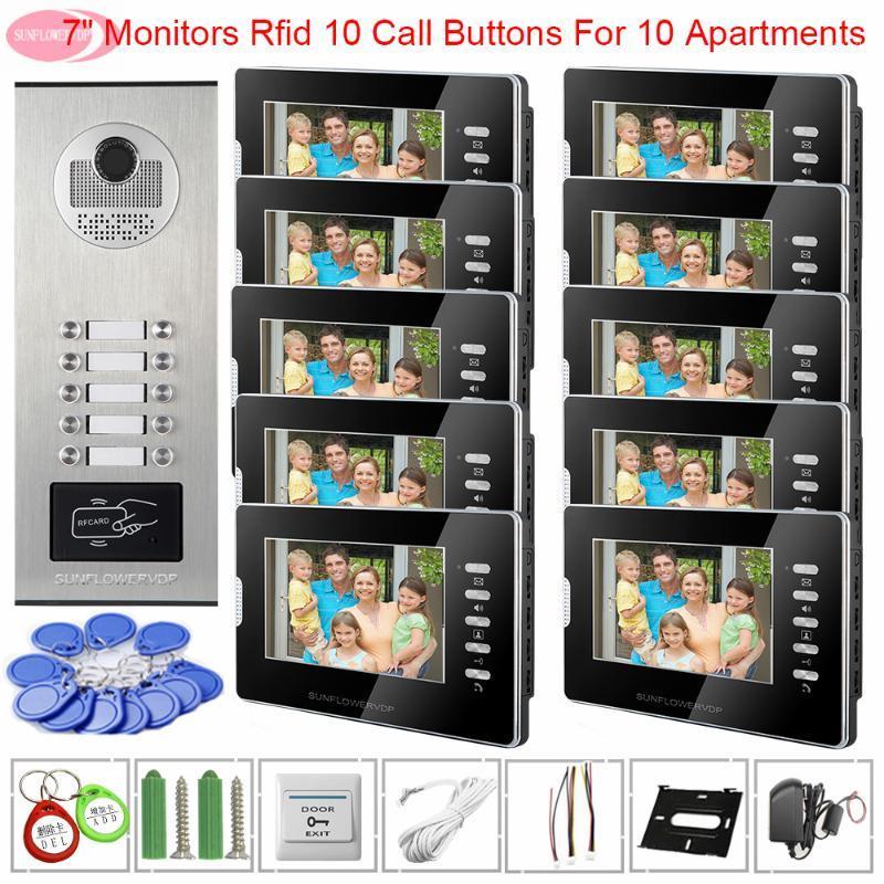 

For 10 Apartments Video Doorbell With Monitors Access Control White Black 7" Monitors Intercom for Home Video Door Intercom Door1