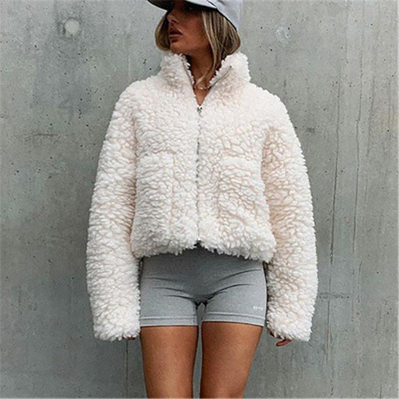 

Long Sleeve Winter Women Thick Coat 2021 Fashion Pockets Wool Casual Ladies Jackets Autumn Solid Zippers Cardigan, Beige