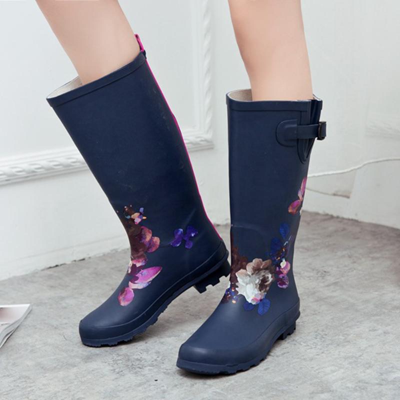 

Women Waterproof Rain Boots Women's 2020 Autumn Boots Woman Floral Printed Ladies Band Shoes Female Rubber Yard Garden Shoes, Navy