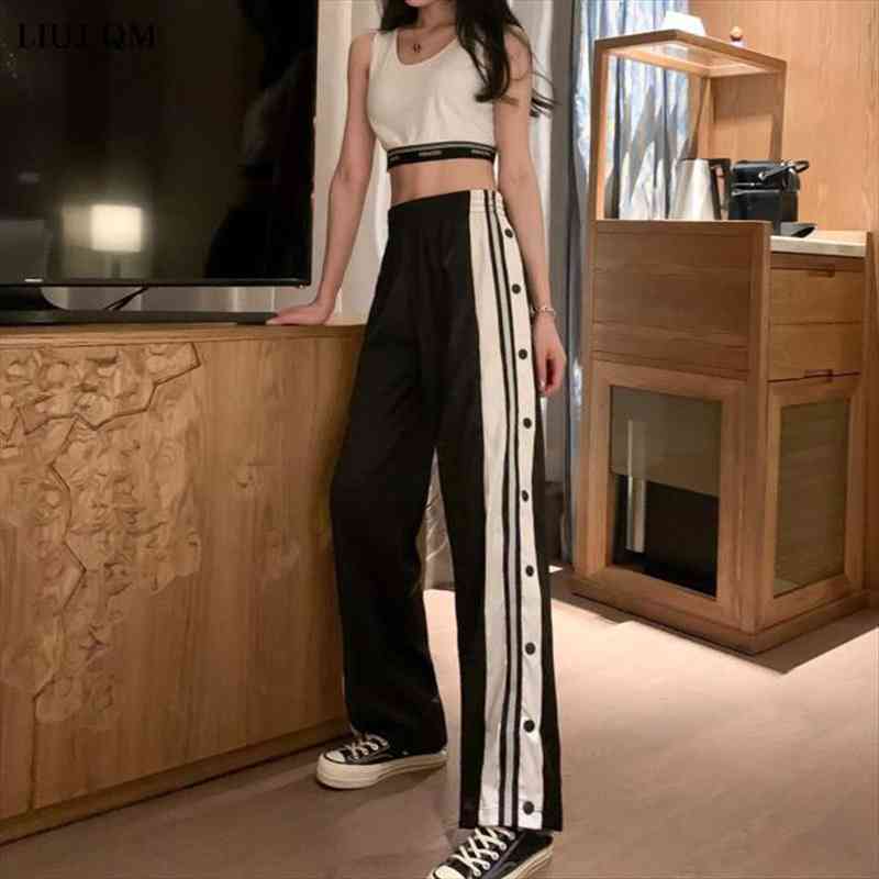

women joggers sweatpants casual wide leg pants women stripe hip hop sweat pants streetwear button trousers vintage, Black;white