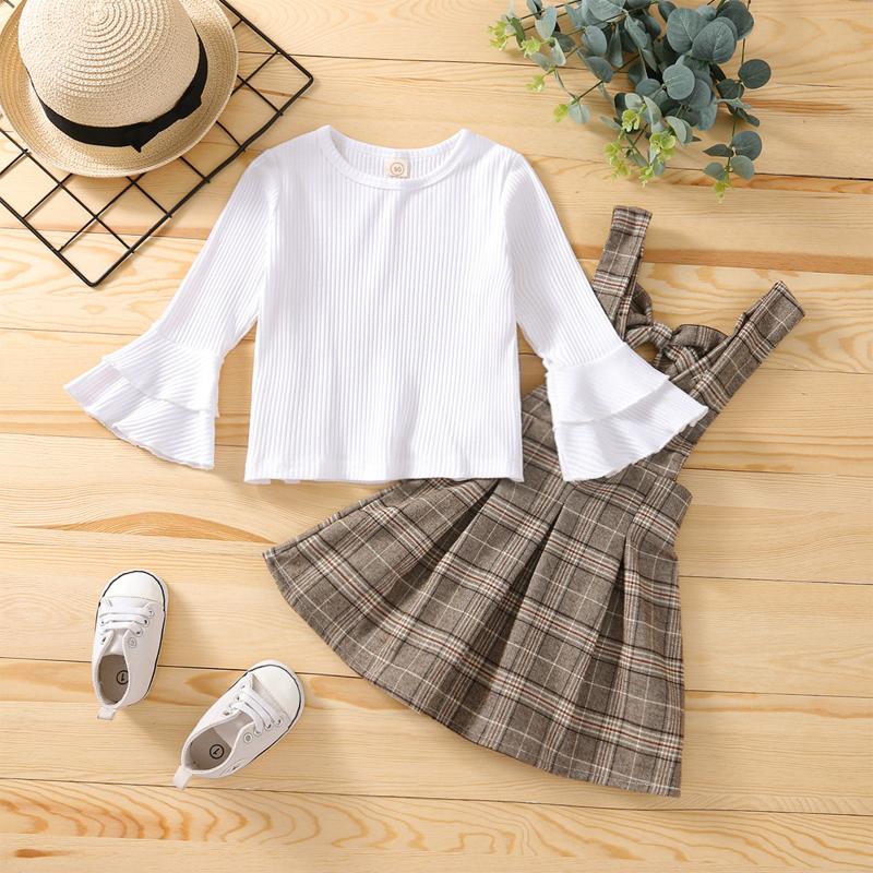 

Clothing Sets Girls Clothes Set Baby Girl Autumn Long Sleeve Pullover Top + Plaid Suspender Skirt 2PCS Outfit Children, White