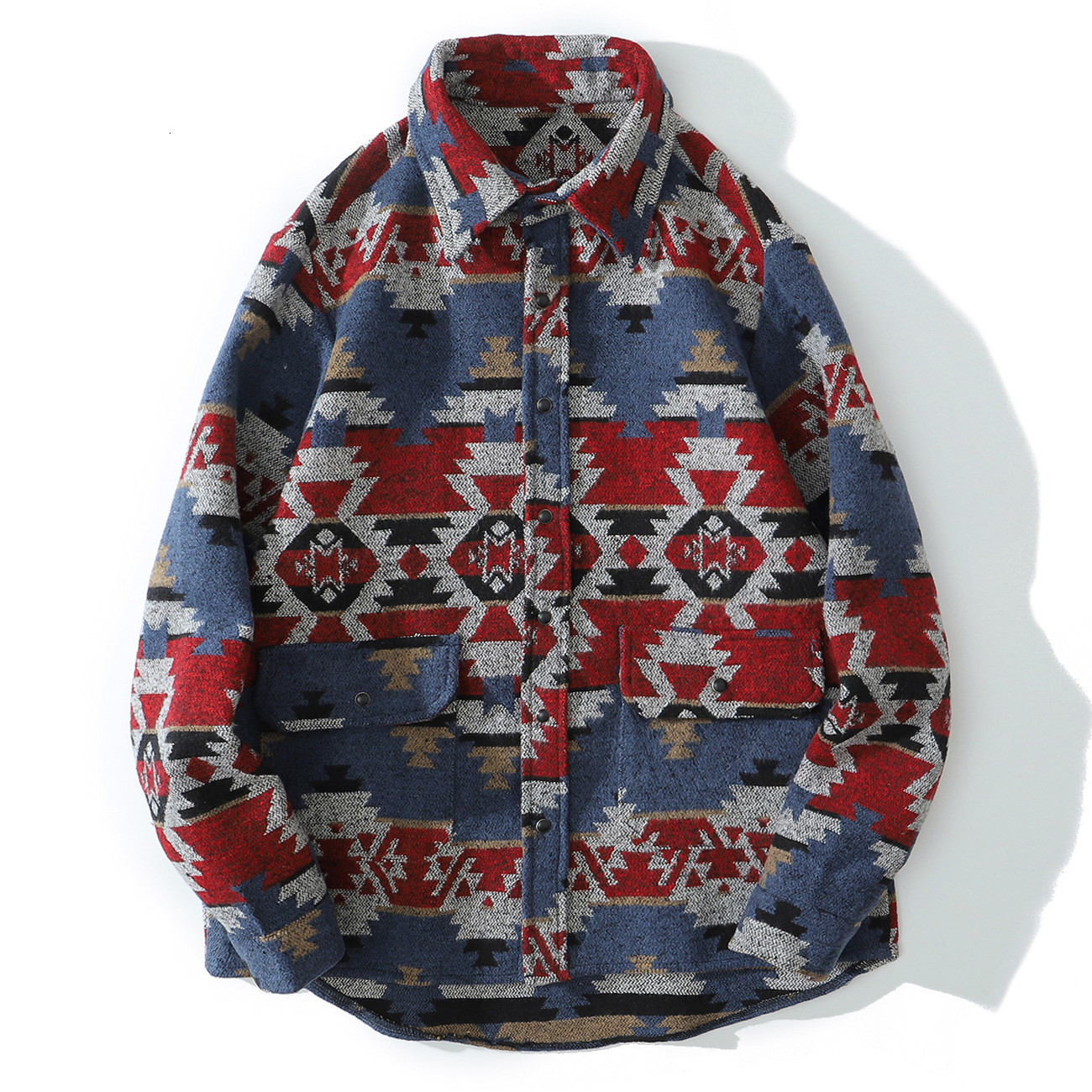 

2021 New Retro Diamond Long Sleeve Men Harajuku National Style Knitted Streetwear Color Block Snap Button Shirt Autumn Cotton N64a, Red