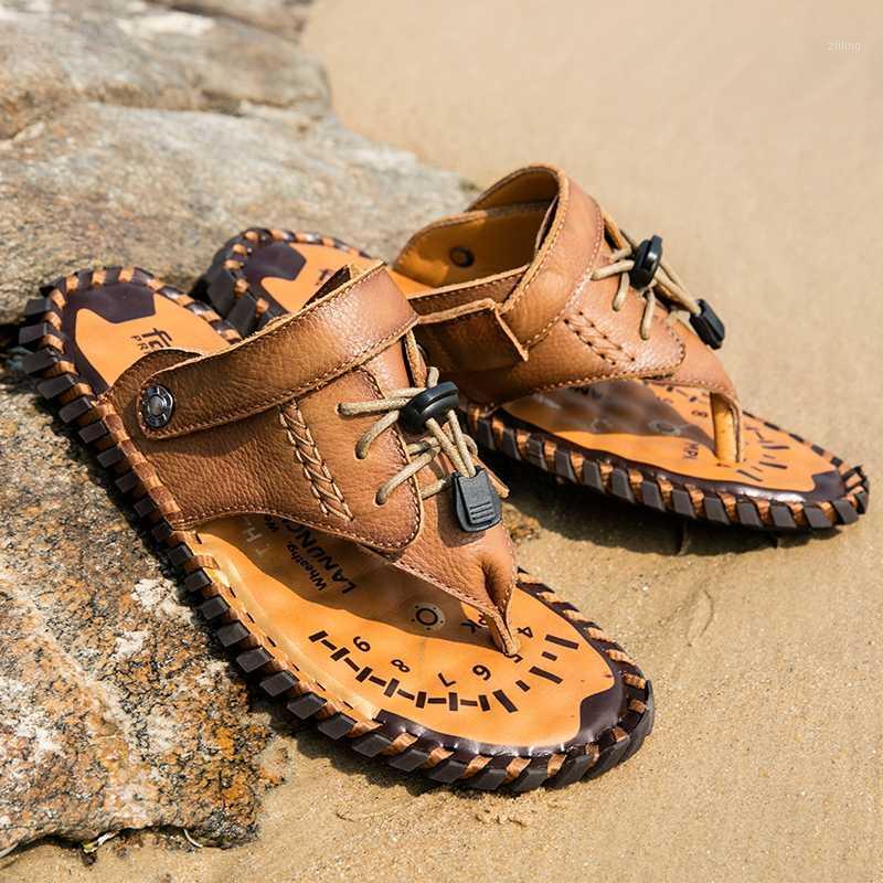 

Genuine Leather Sandals Men Shoes Cow Leather Half Drag Beach Flip Flops Summer Outdoor Footwear Male Leisure Plus Size Slippers1, Dark brown