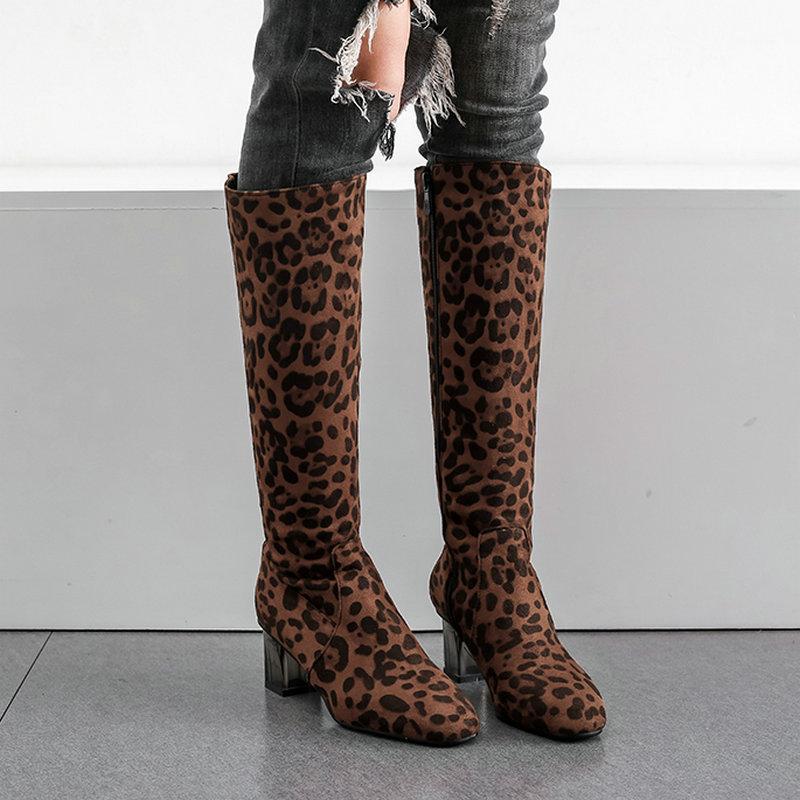 

Leopard Snake Print Knee High Boots for Woman Chunky Heel Round Toe Boots Ladies 2020 Zipper Winter Long Brand Shoes Black1, Black