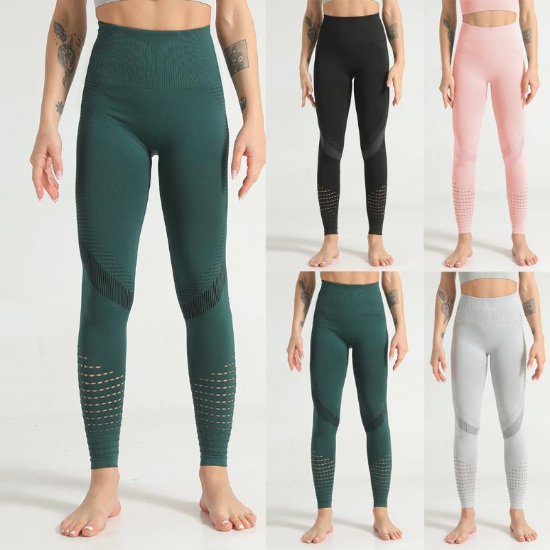 

Fashion Women Seamless Hollowing Out Sports High Waist Yoga Pants Trousers Women Casual Polyester Sexy Printing for Summer, Black