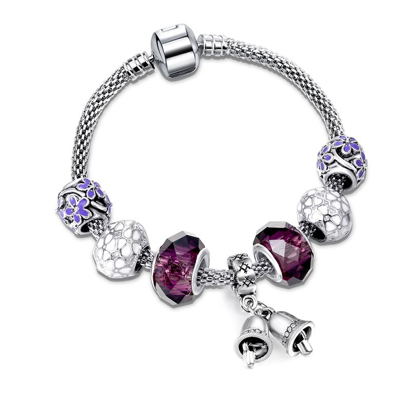 

Austrian Amethyst Bead Bracelet Copper chain Silver-Plated Alloy small bell Pendant Bangle Beads Bracelet for Women jewelry
