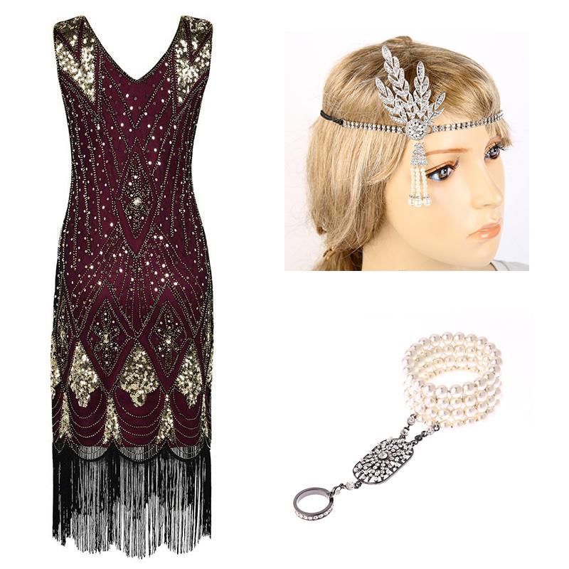 

Gatsby Dress 1920s Sequin Fringed Paisley Flapper Cocktail Beaded Dress with 20s Accessories Set, Gold set