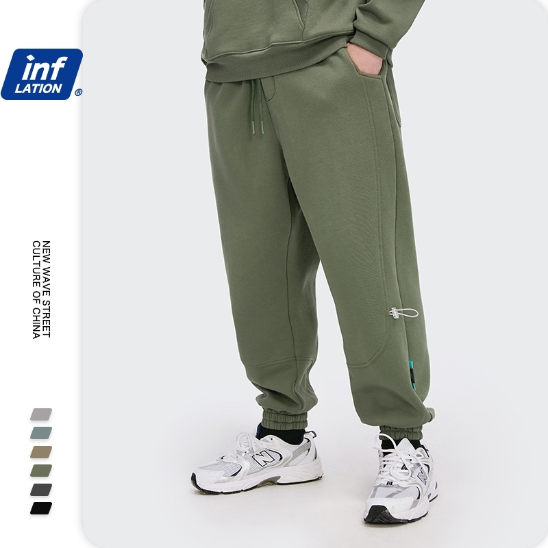 

INFLATION Fleece Loose Fit Men Sweatpant In Pure Color Winter Elastic Waist Sweatpant Streetwear Men Outdoor Pants 3206W 201118, Khaki